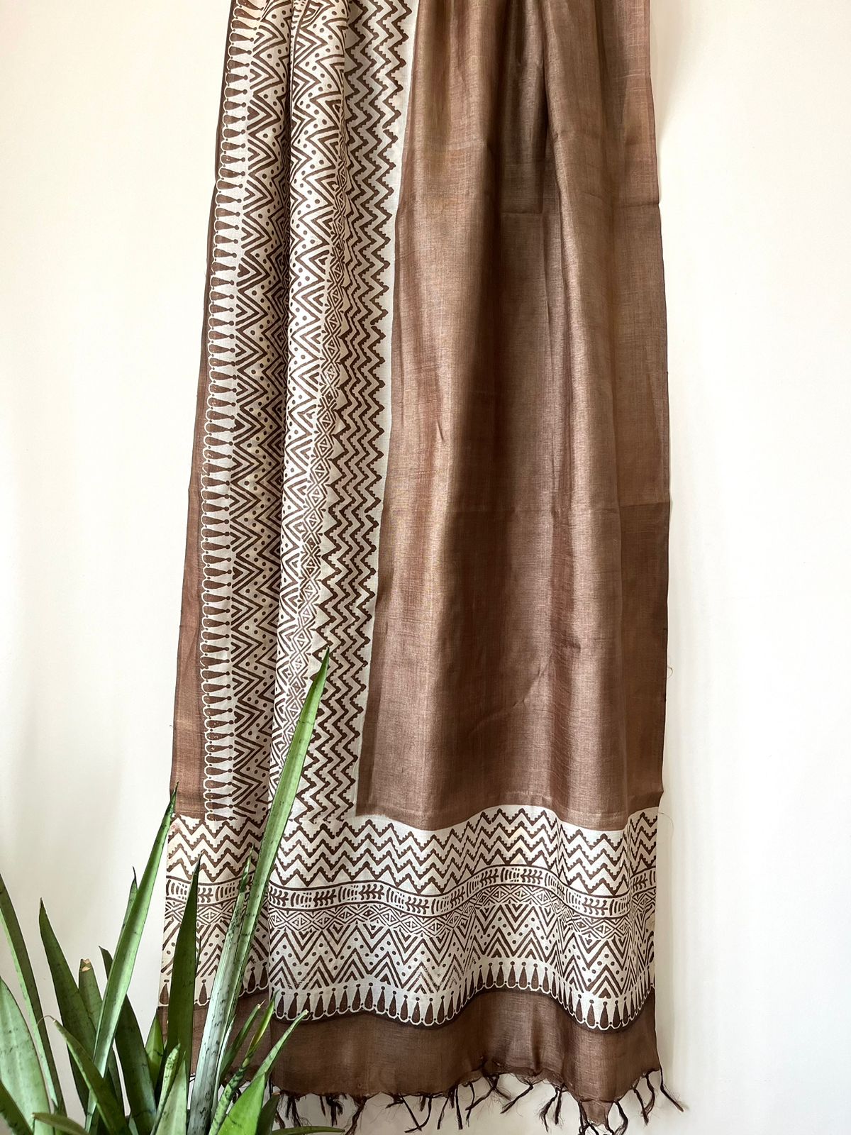 Pure Silk Tussar printed dupatta - Brown