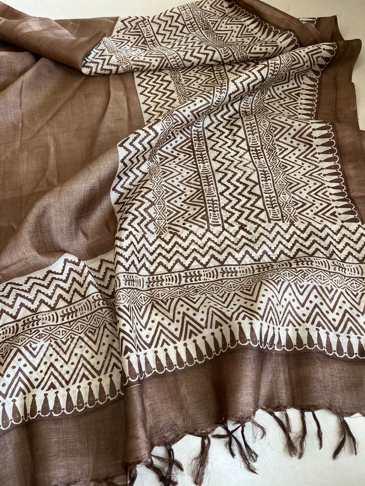 Pure Silk Tussar printed dupatta - Brown