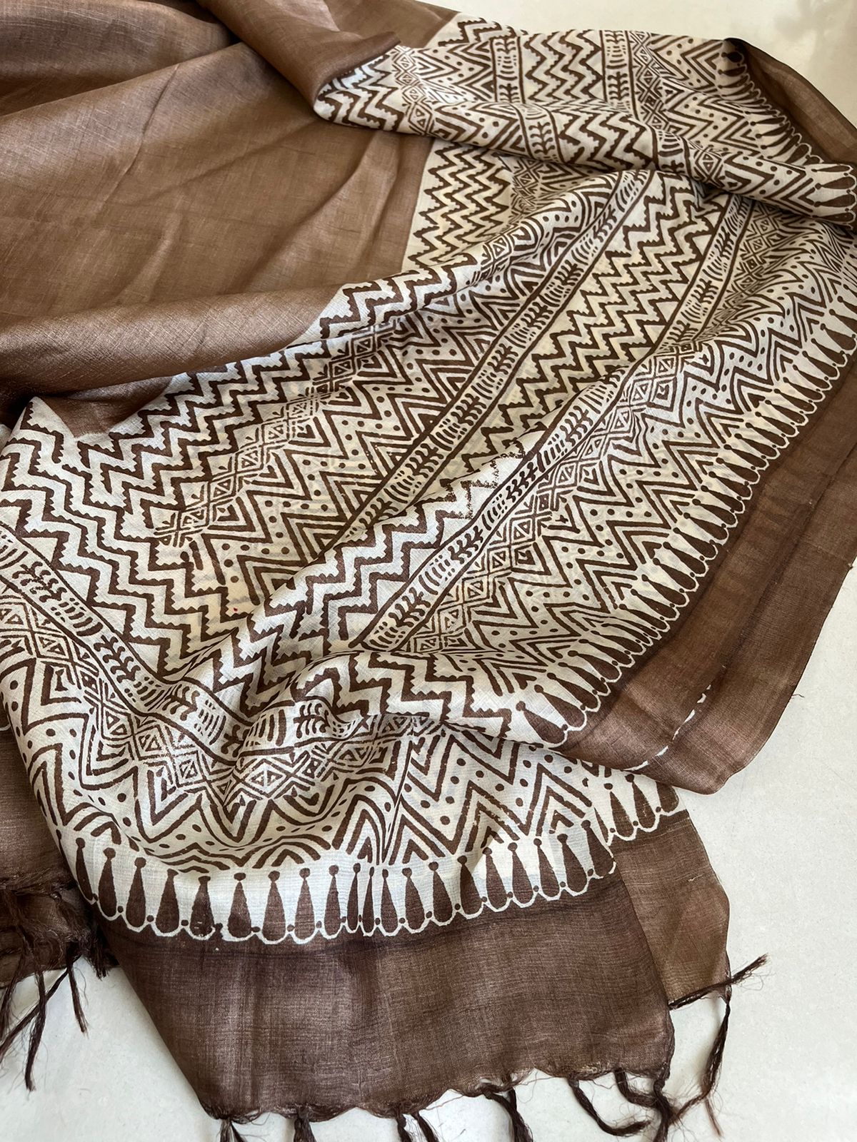Pure Silk Tussar printed dupatta - Brown