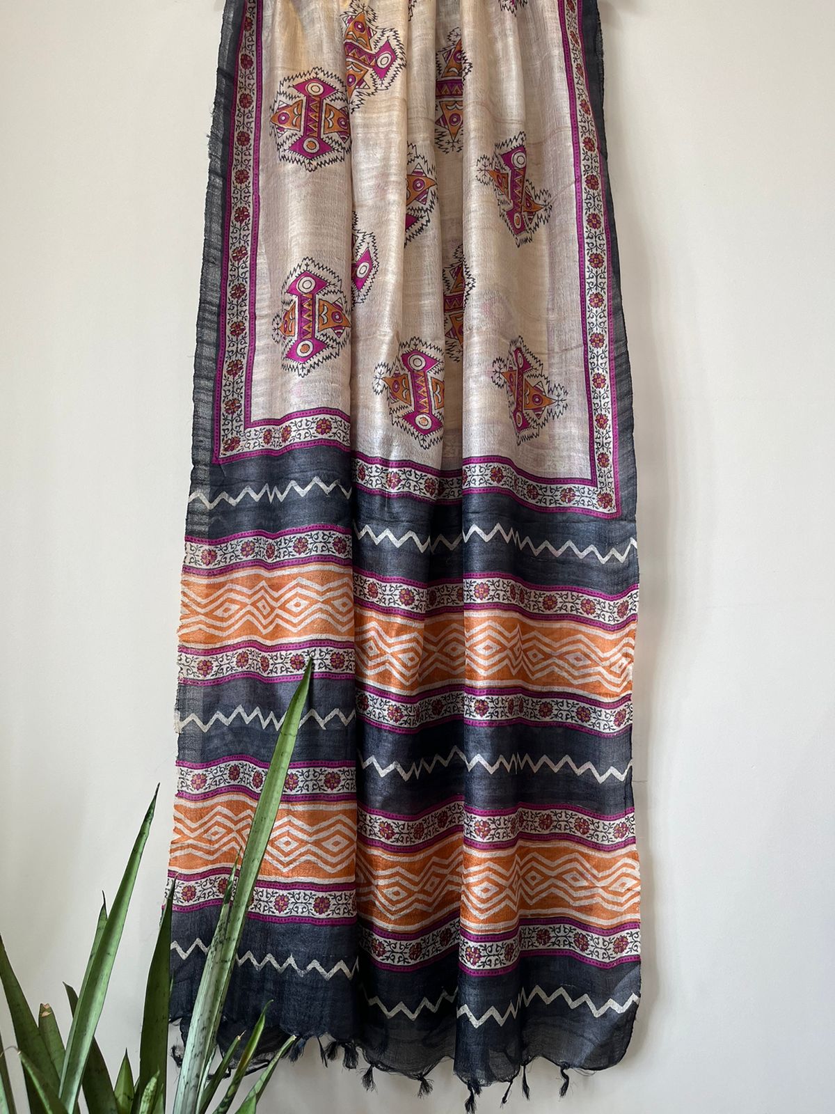 Pure Silk Tussar Printed Dupatta - Beige Base With Earthy Tones