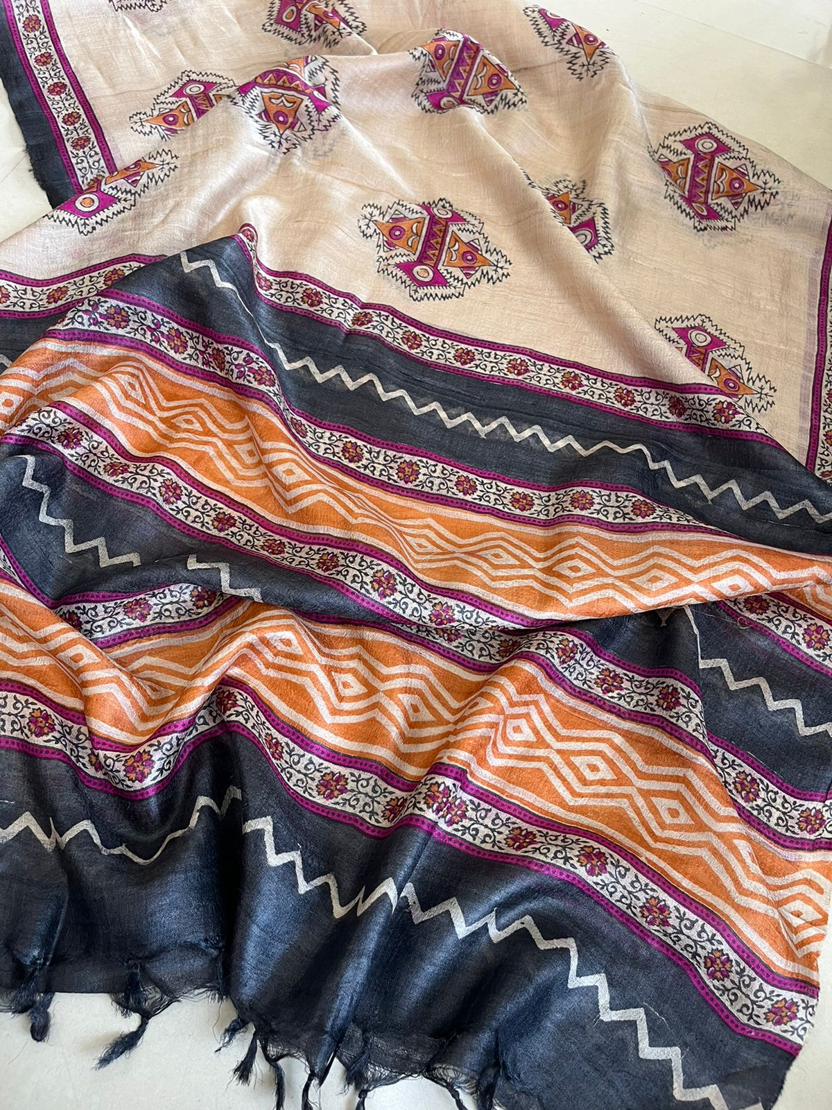 Pure Silk Tussar Printed Dupatta - Beige Base With Earthy Tones