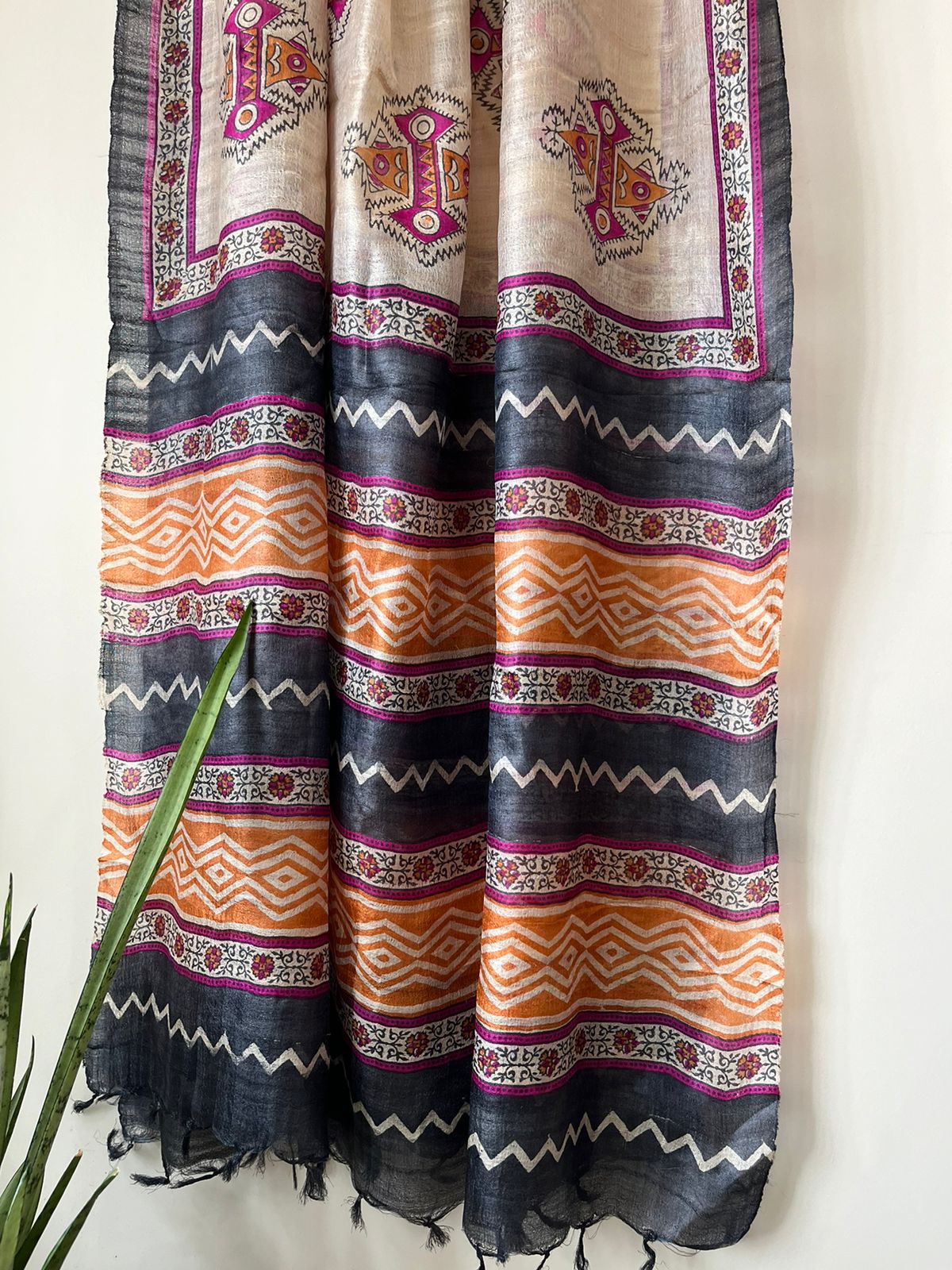 Pure Silk Tussar Printed Dupatta - Beige Base With Earthy Tones