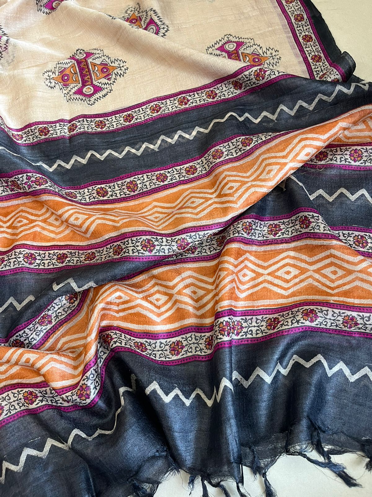 Pure Silk Tussar Printed Dupatta - Beige Base With Earthy Tones