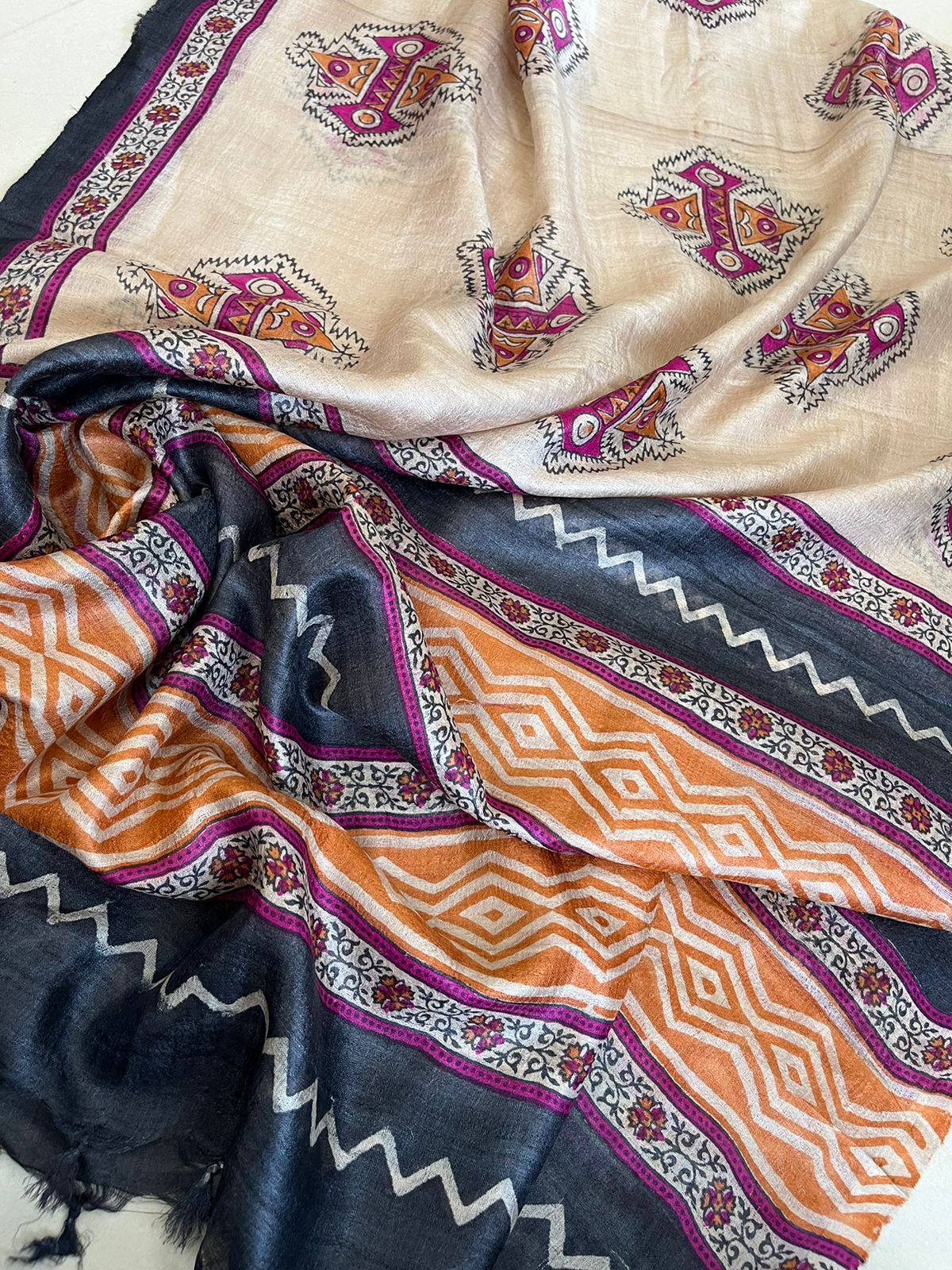 Pure Silk Tussar Printed Dupatta - Beige Base With Earthy Tones