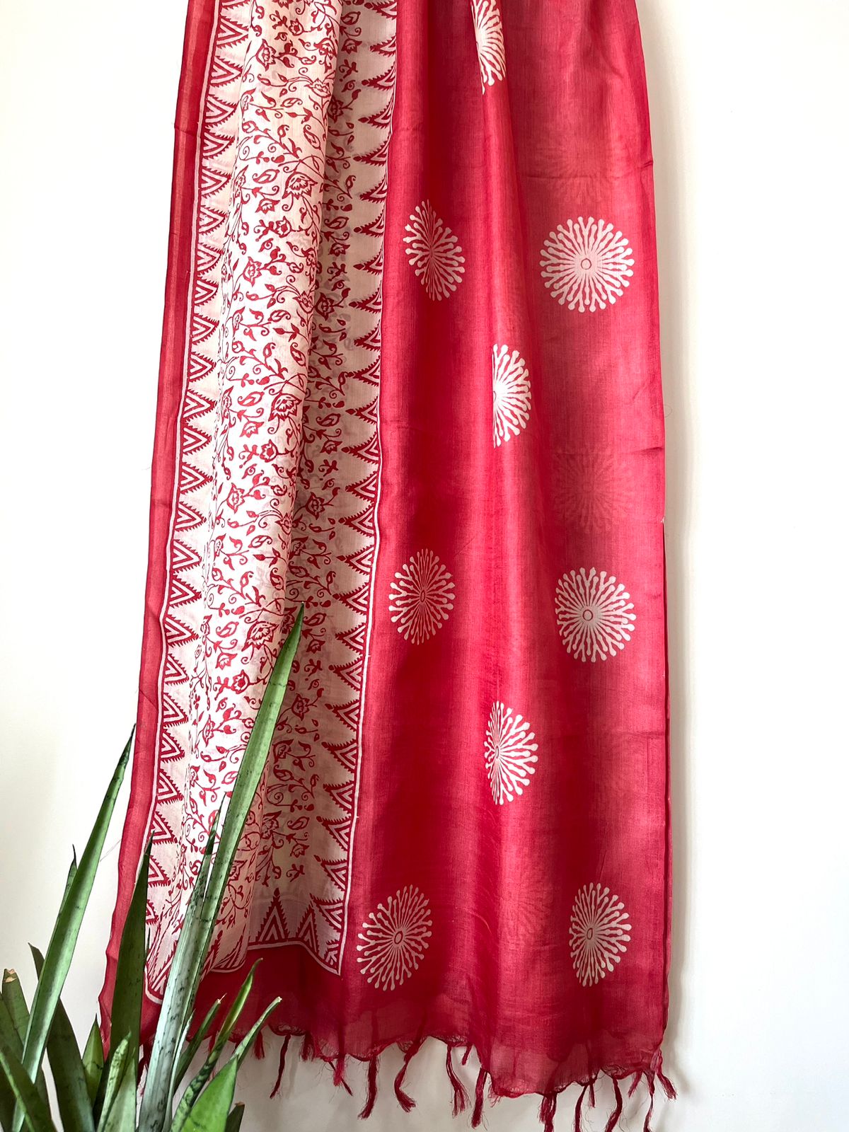 Pure Silk Tussar Printed Dupatta - Red With Off-White