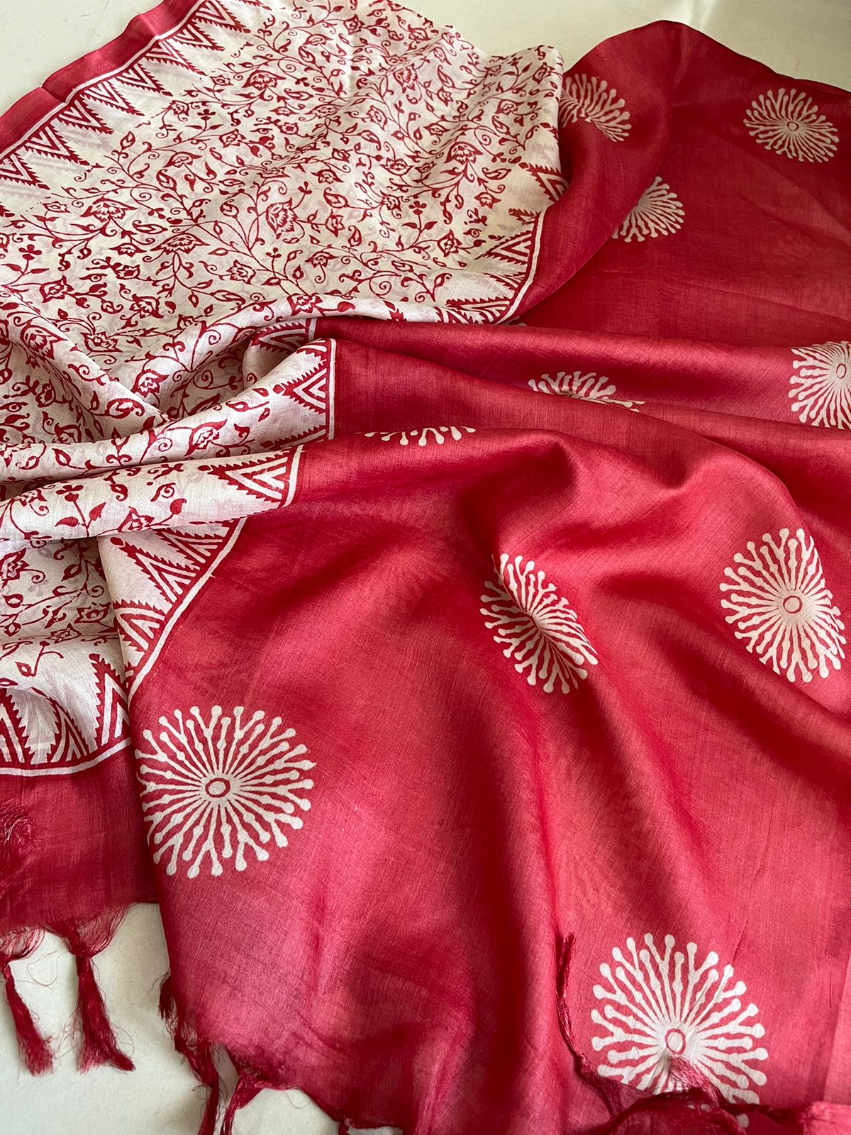 Pure Silk Tussar Printed Dupatta - Red With Off-White