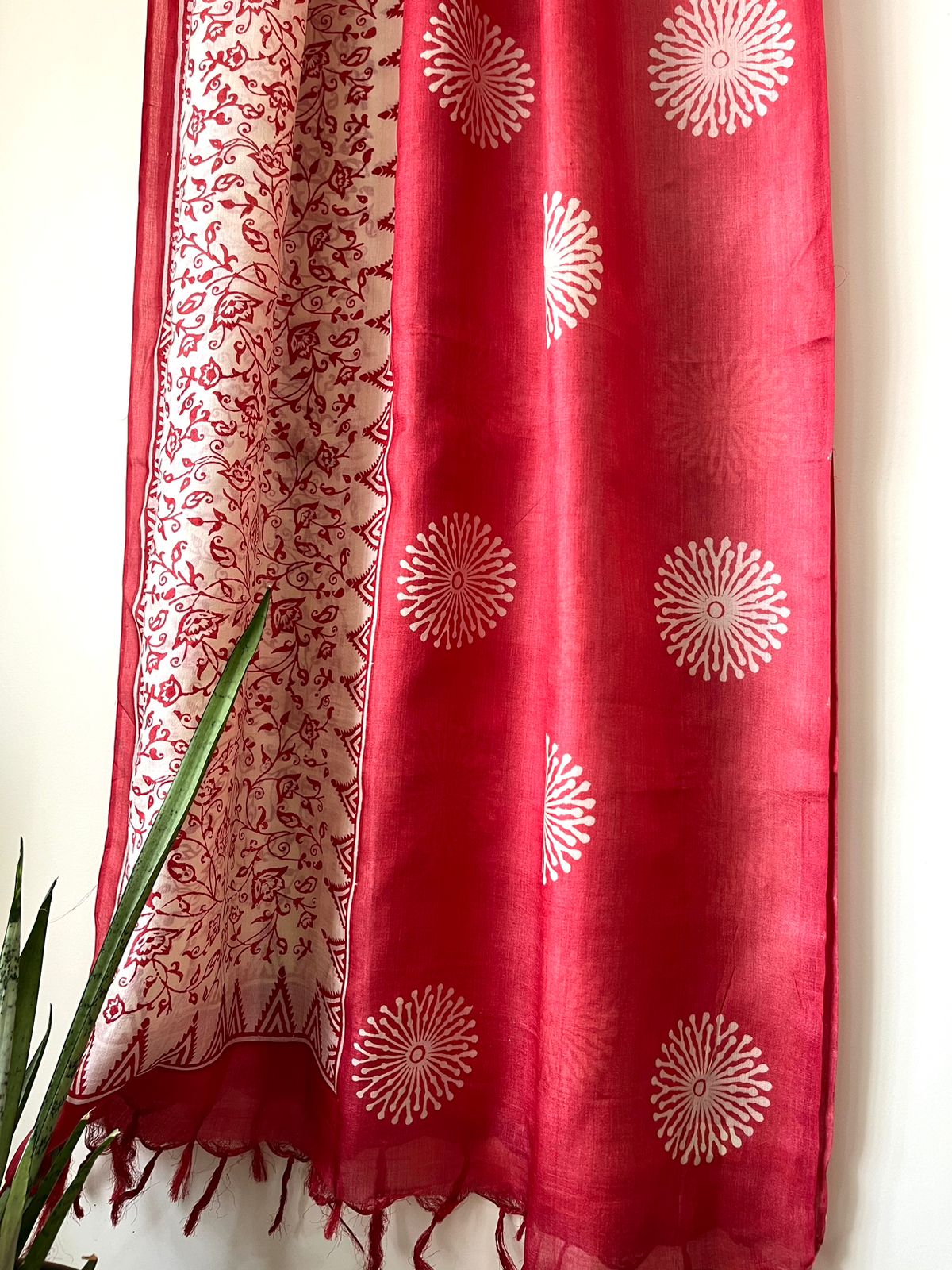 Pure Silk Tussar Printed Dupatta - Red With Off-White