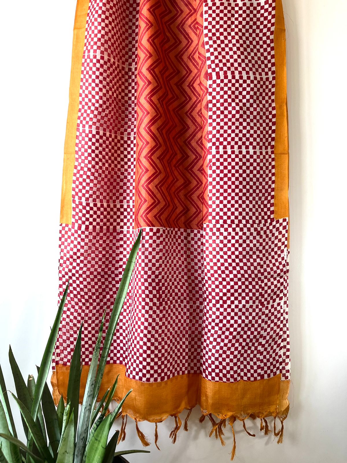 Pure Silk Tussar printed dupatta - Rust with Mustard