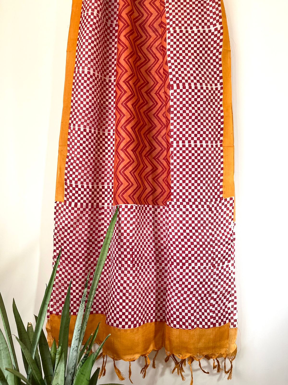 Pure Silk Tussar printed dupatta - Rust with Mustard
