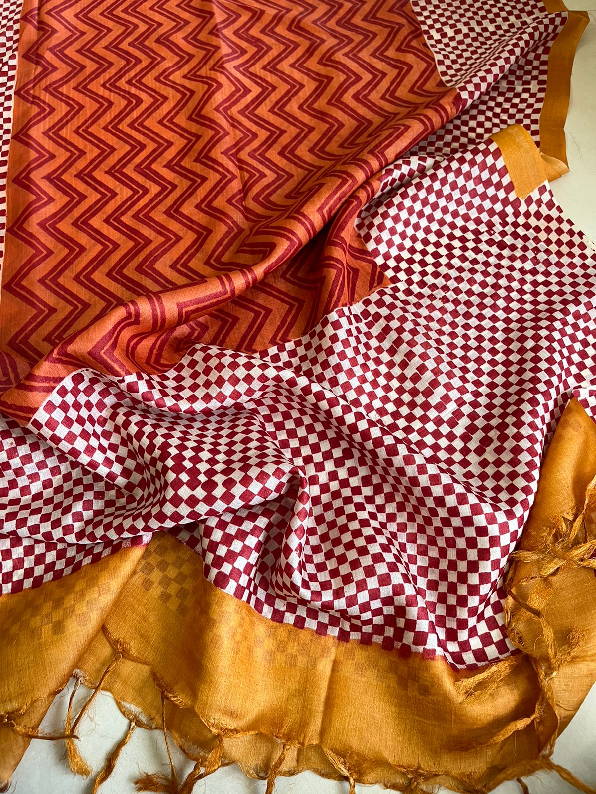 Pure Silk Tussar printed dupatta - Rust with Mustard