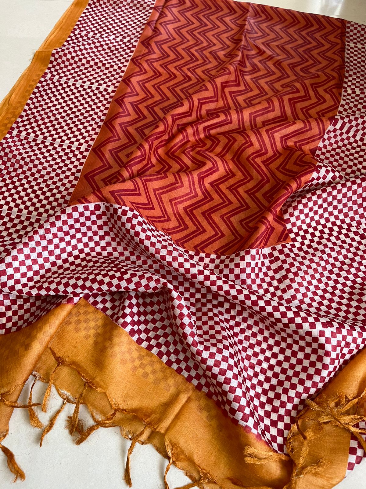 Pure Silk Tussar printed dupatta - Rust with Mustard
