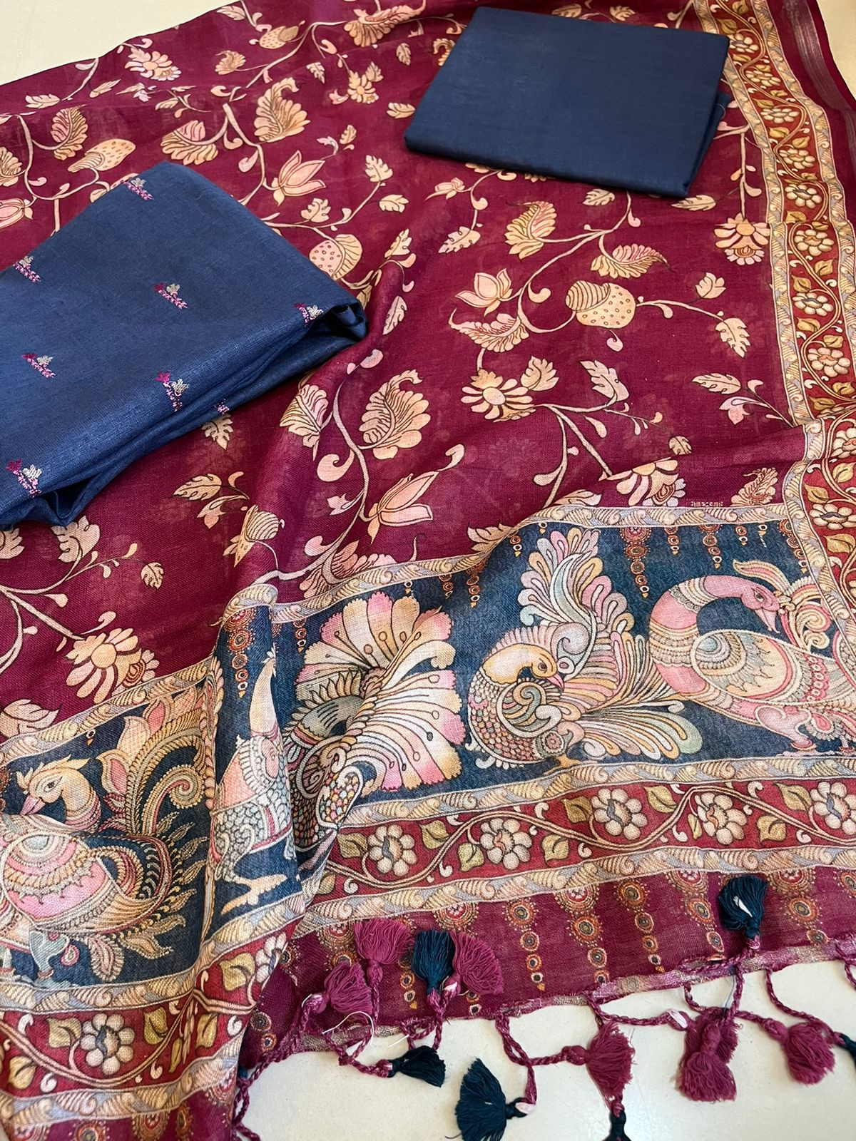 Linen Embroidered Suits - Wine and Navy Blue