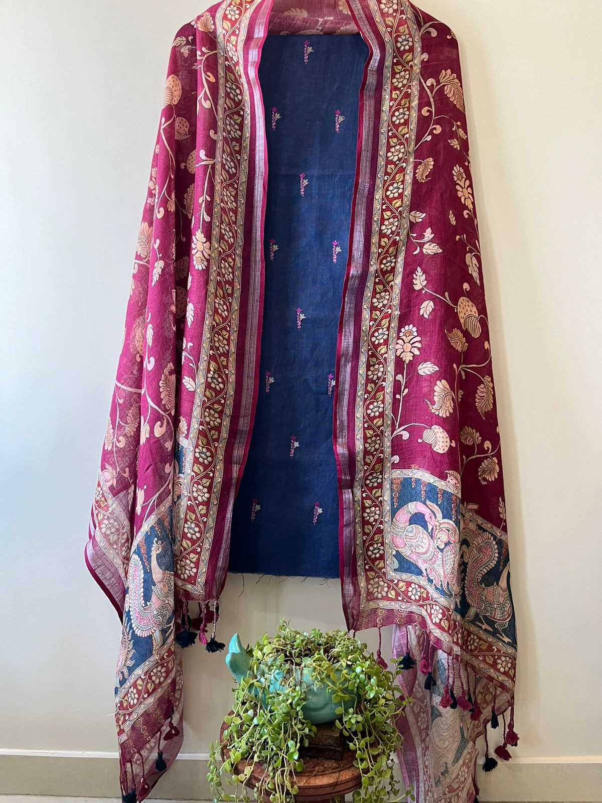 Linen Embroidered Suits - Wine and Navy Blue