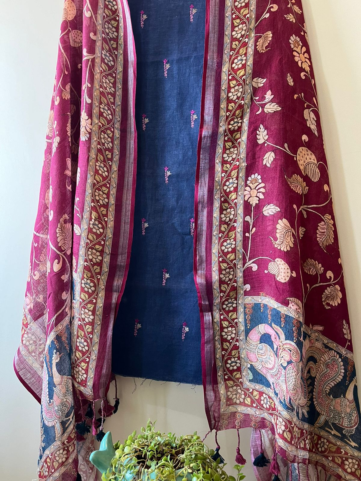 Linen Embroidered Suits - Wine and Navy Blue