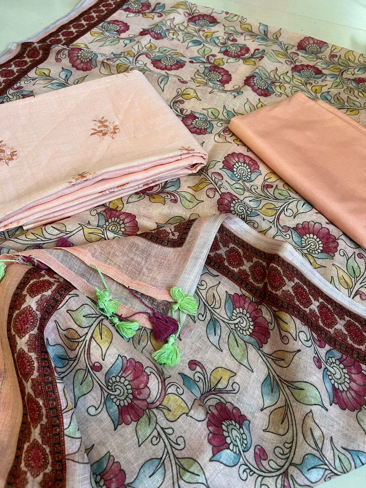 Linen Embroidered Suits - Peach