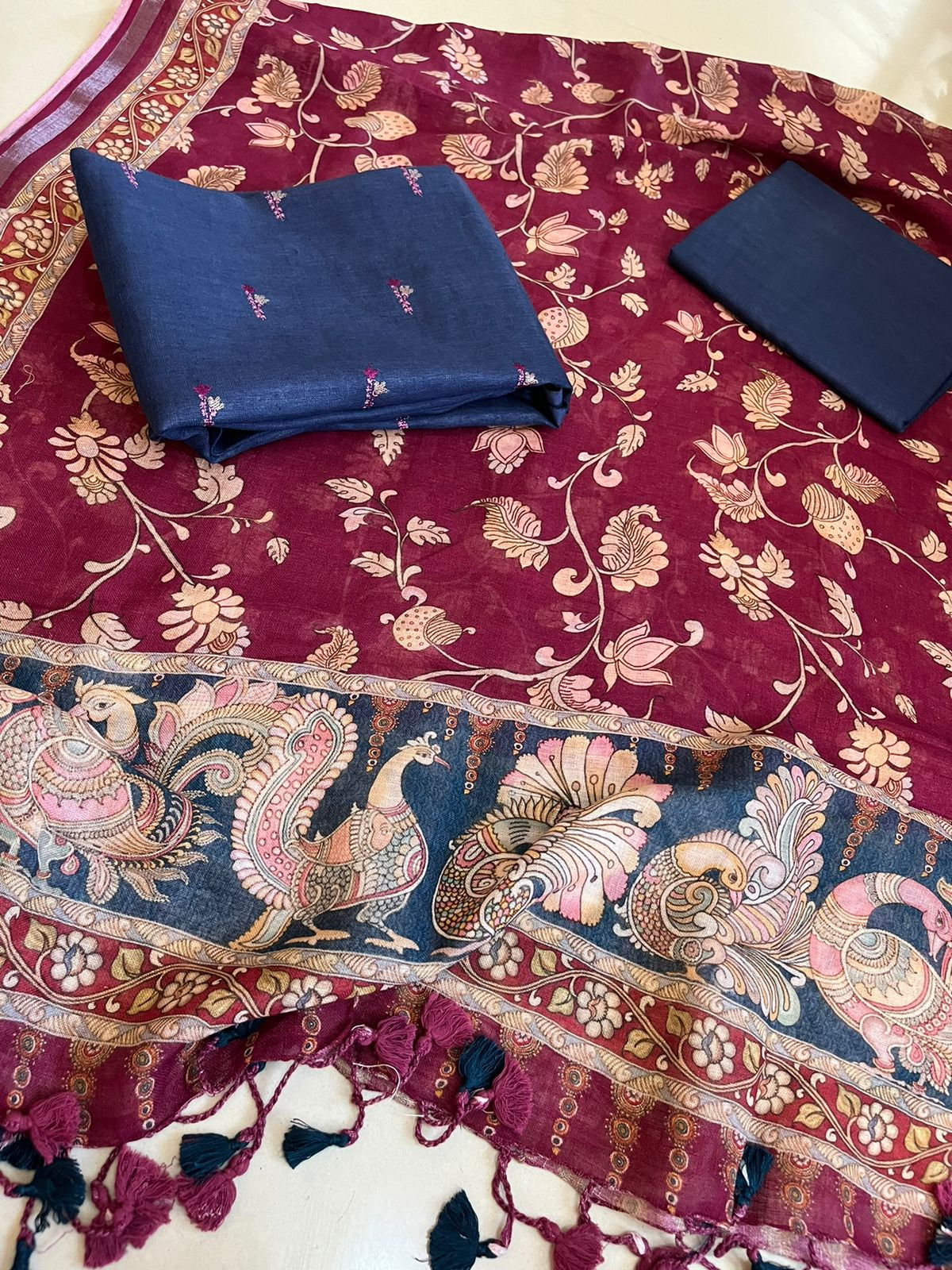 Linen Embroidered Suits - Wine and Navy Blue