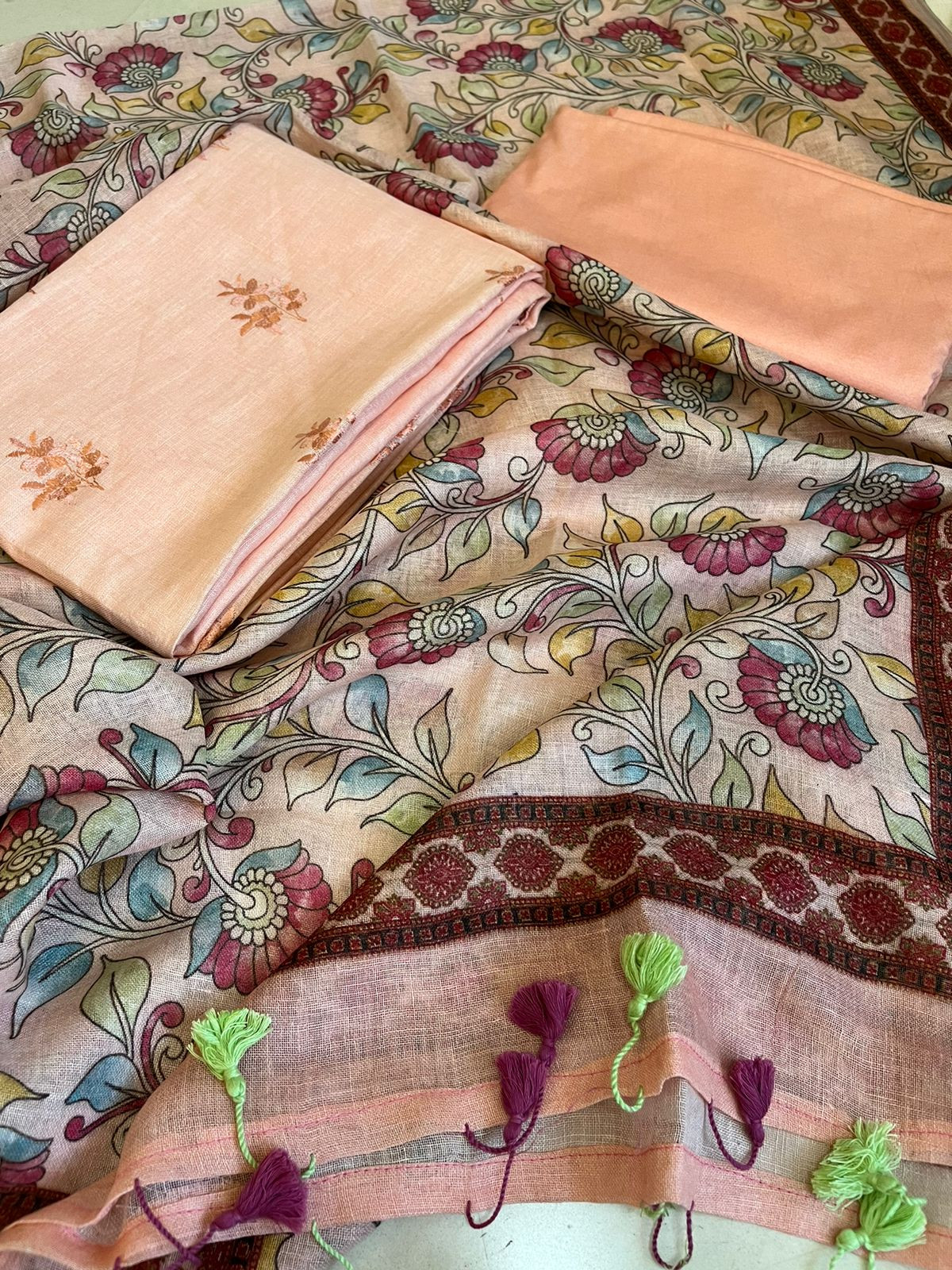 Linen Embroidered Suits - Peach