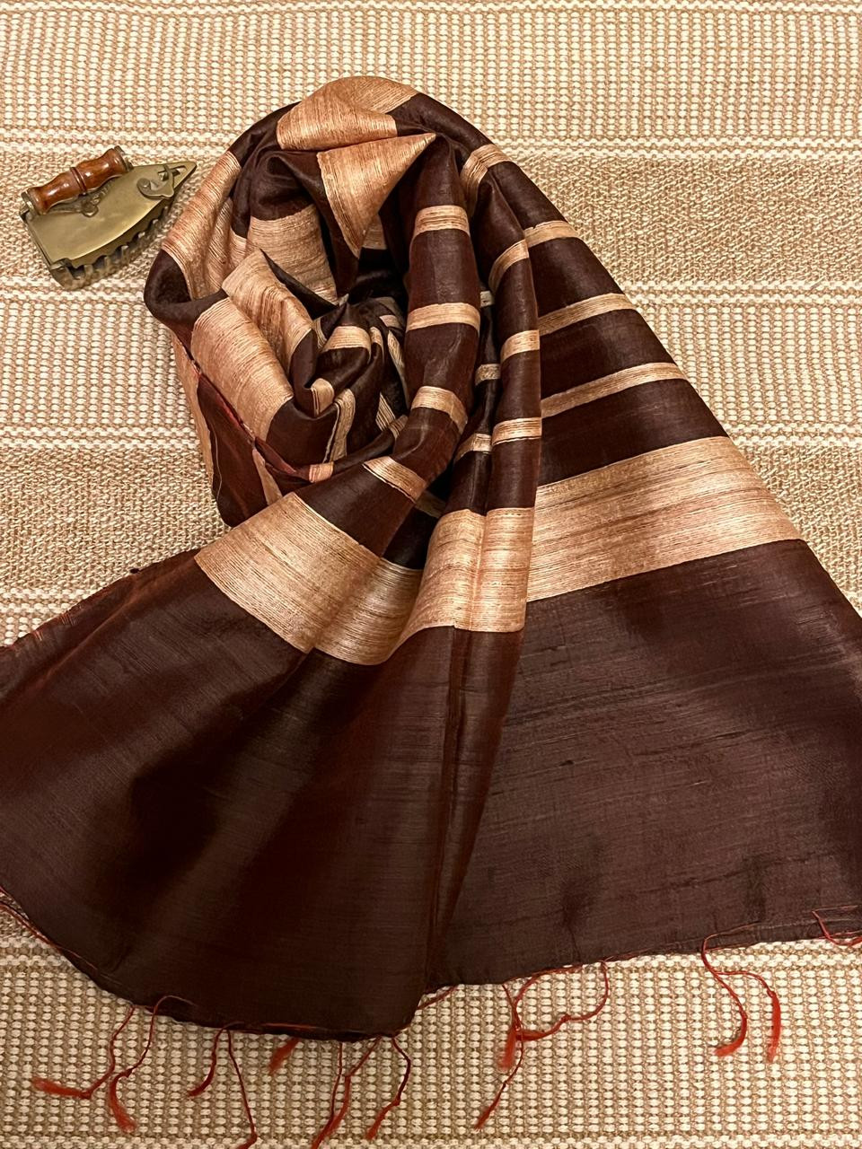 Vibrant pure Raw Silk Stole - striped - Coke Brown