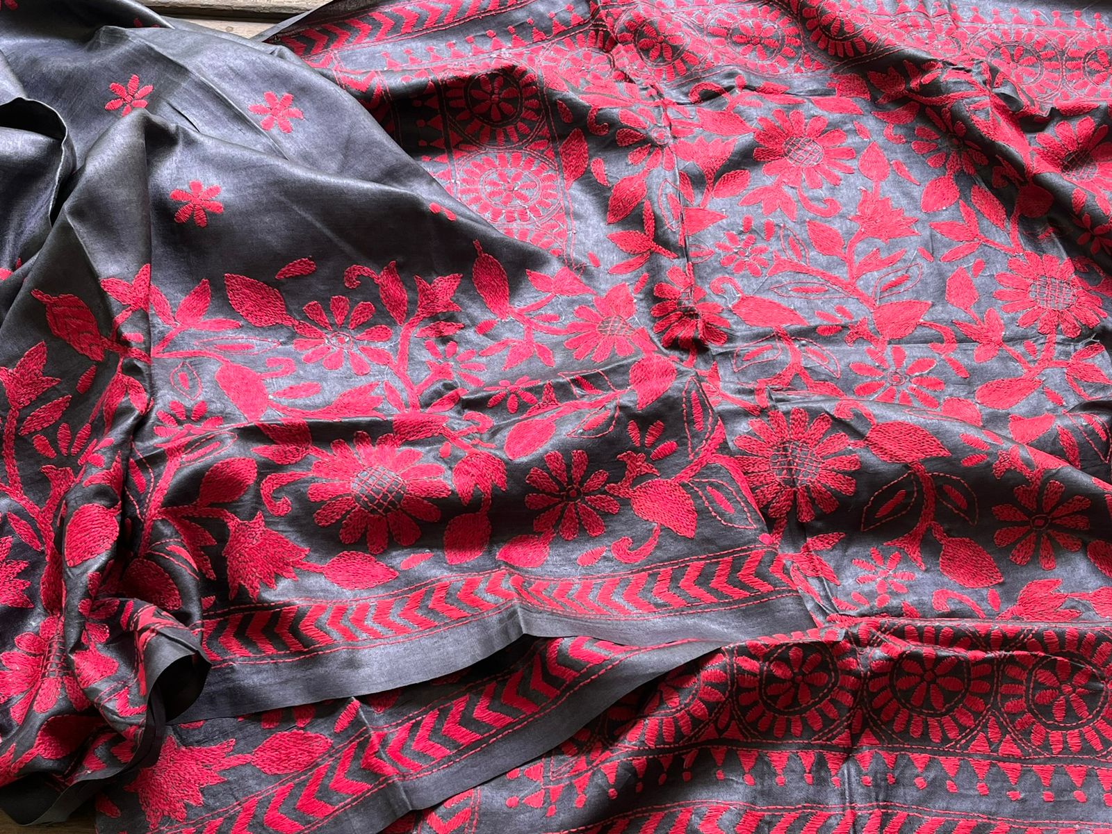 Pure Tussar Silk Handwoven Saree with hand Kantha Embroidery - Charcoal Black with Red