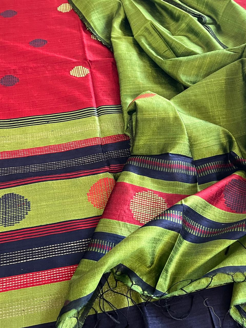 Pure Silk Handwoven suit with buttis - Red and Green