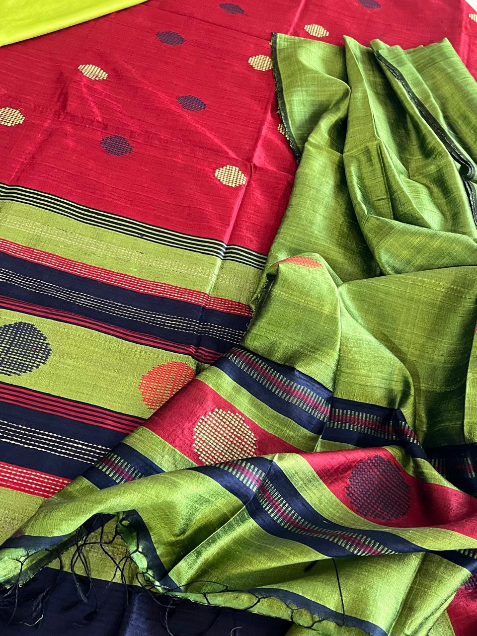 Pure Silk Handwoven suit with buttis - Red and Green