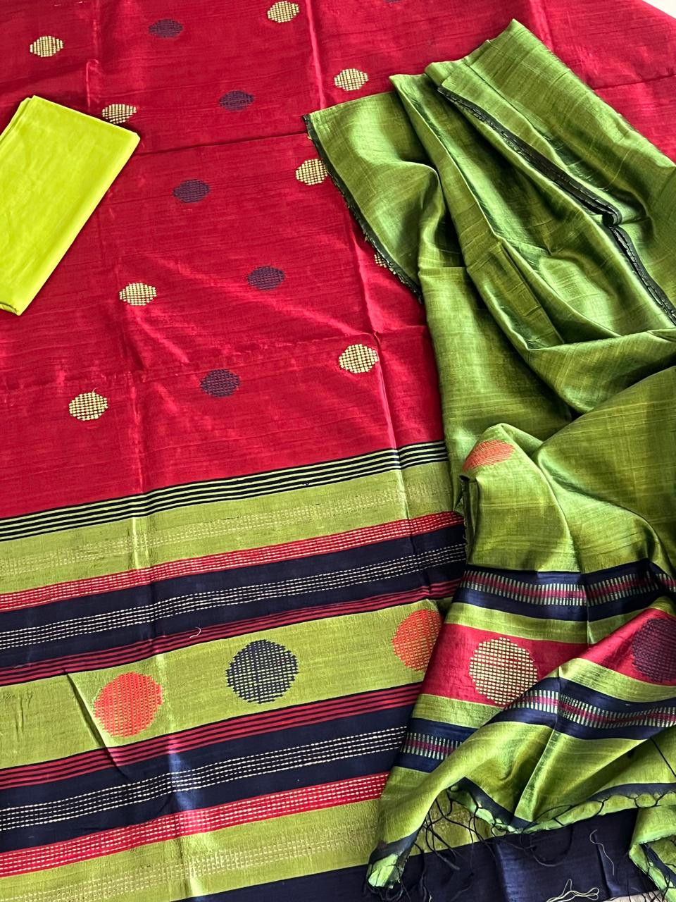 Pure Silk Handwoven suit with buttis - Red and Green