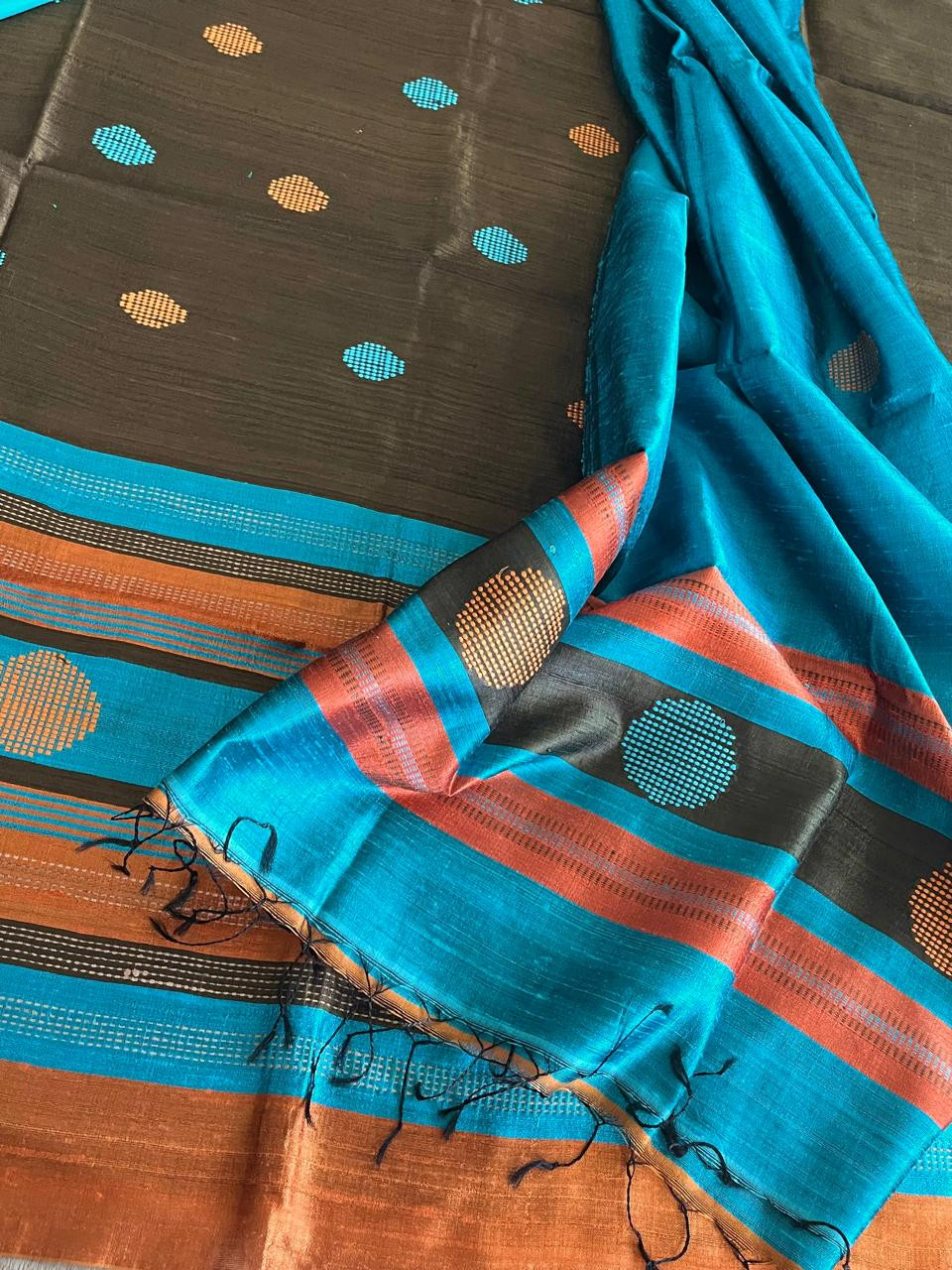 Pure Silk Handwoven suit with buttis - Olive Green with Sky Blue