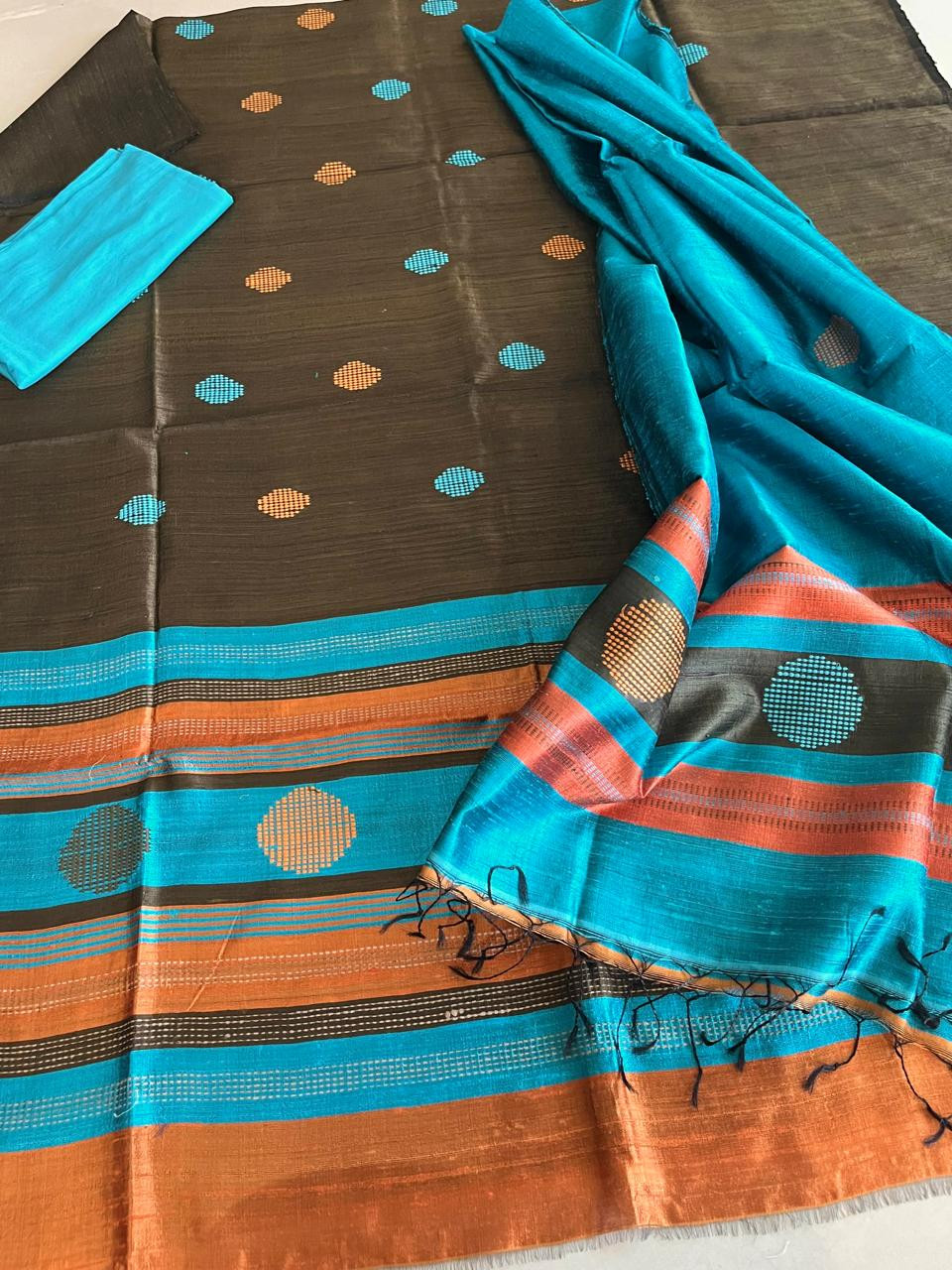 Pure Silk Handwoven suit with buttis - Olive Green with Sky Blue