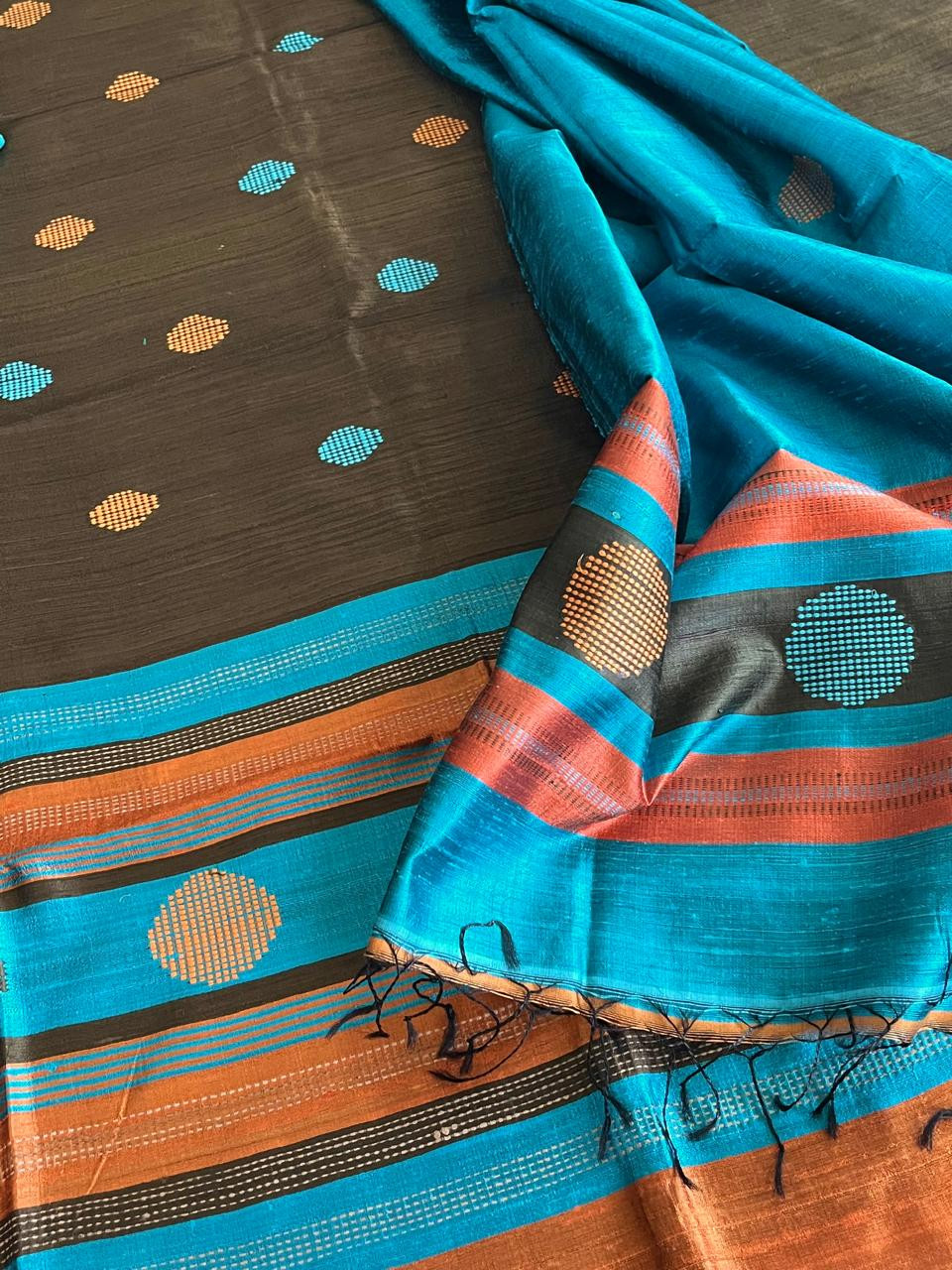 Pure Silk Handwoven suit with buttis - Olive Green with Sky Blue