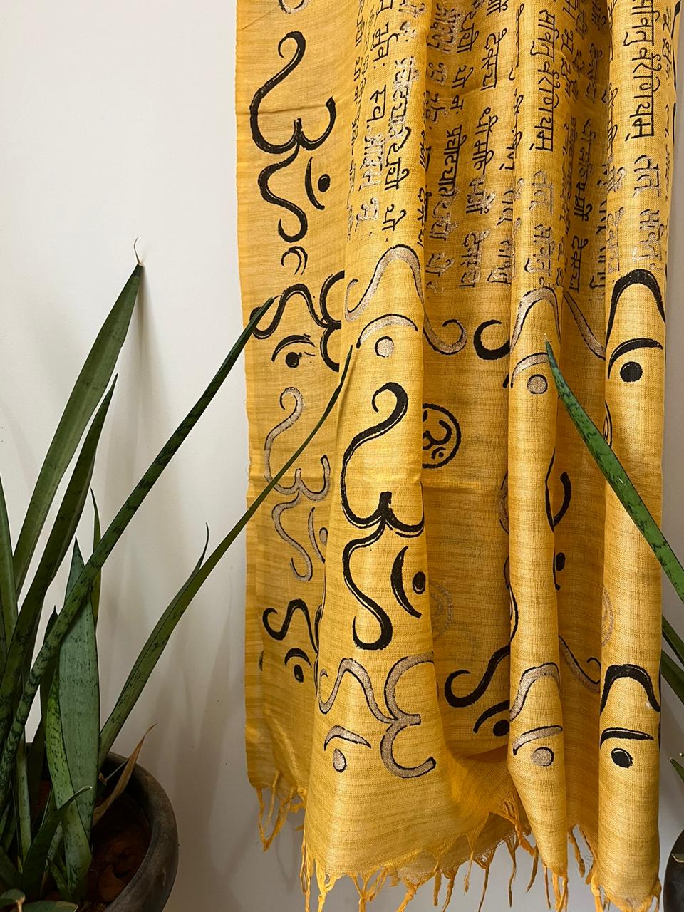 Beautiful Handblock Printed Dupatta - Gayatri Mantra and Om print - Yellow