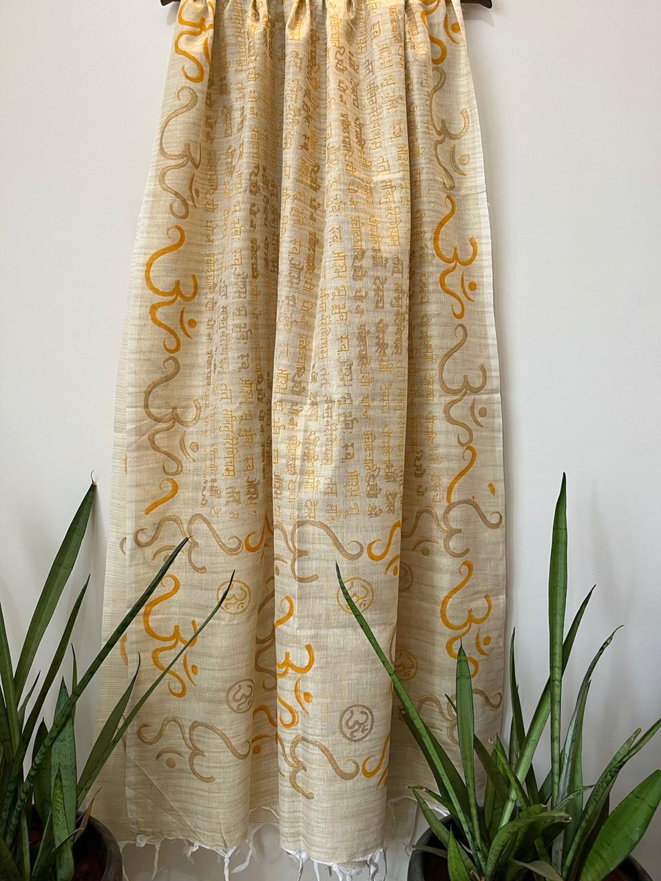 Beautiful Handblock Printed Dupatta - Gayatri Mantra and Om print - Beige With Yellow