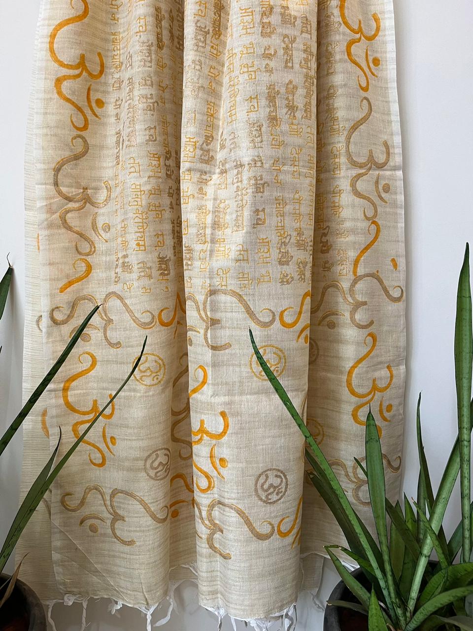 Beautiful Handblock Printed Dupatta - Gayatri Mantra and Om print - Beige With Yellow