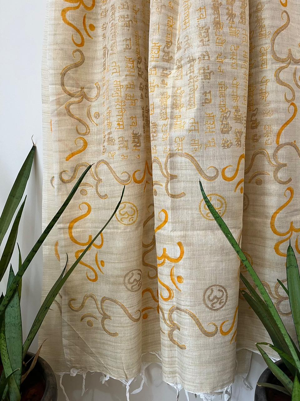Beautiful Handblock Printed Dupatta - Gayatri Mantra and Om print - Beige With Yellow