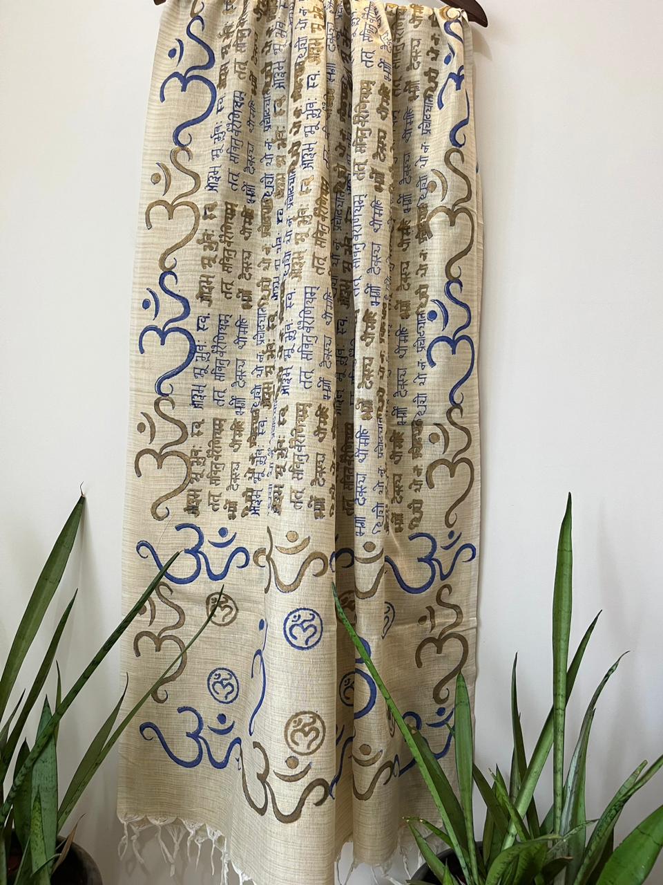 Beautiful Handblock Printed Dupatta - Gayatri Mantra and Om print - Beige With Blue
