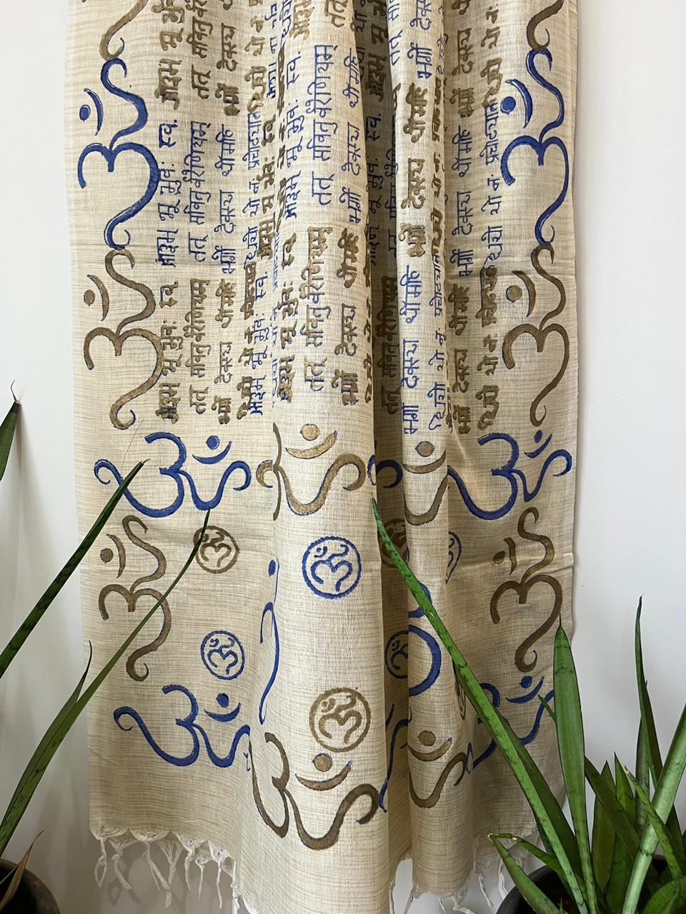 Beautiful Handblock Printed Dupatta - Gayatri Mantra and Om print - Beige With Blue