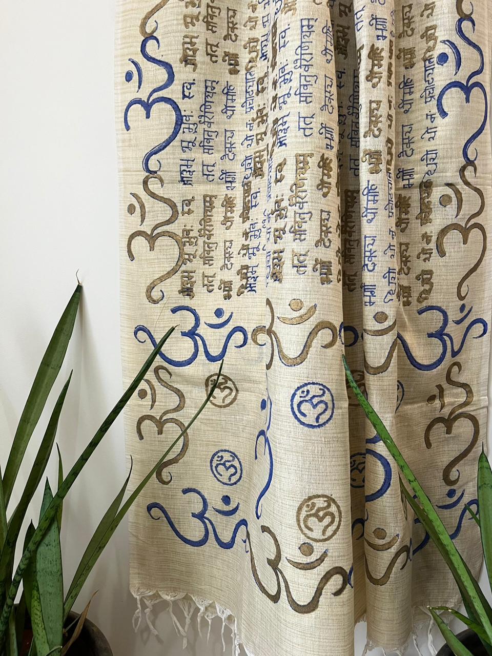 Beautiful Handblock Printed Dupatta - Gayatri Mantra and Om print - Beige With Blue