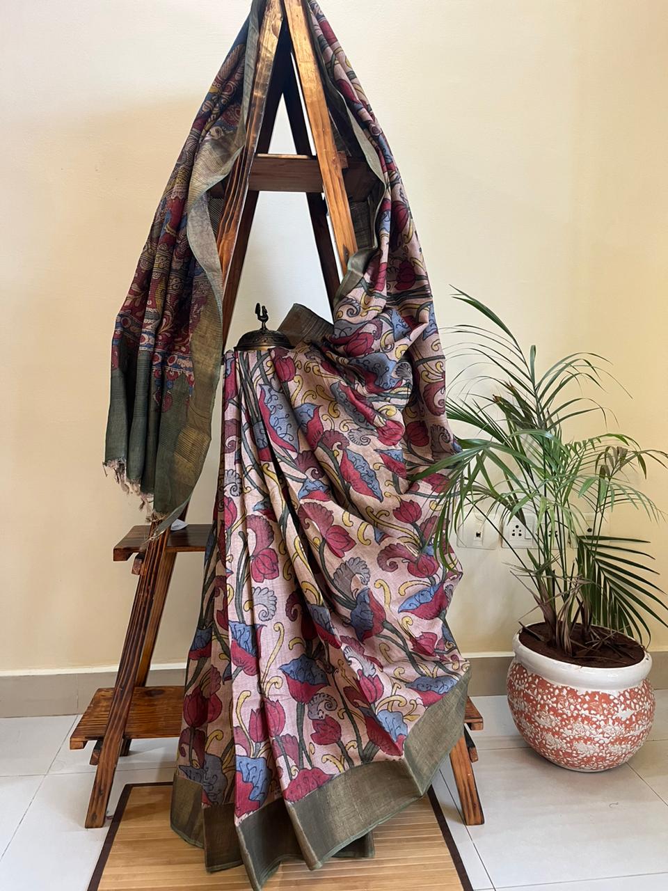 Exquisite Pure Tussar Handwoven saree with Hand Kalamkari Painting