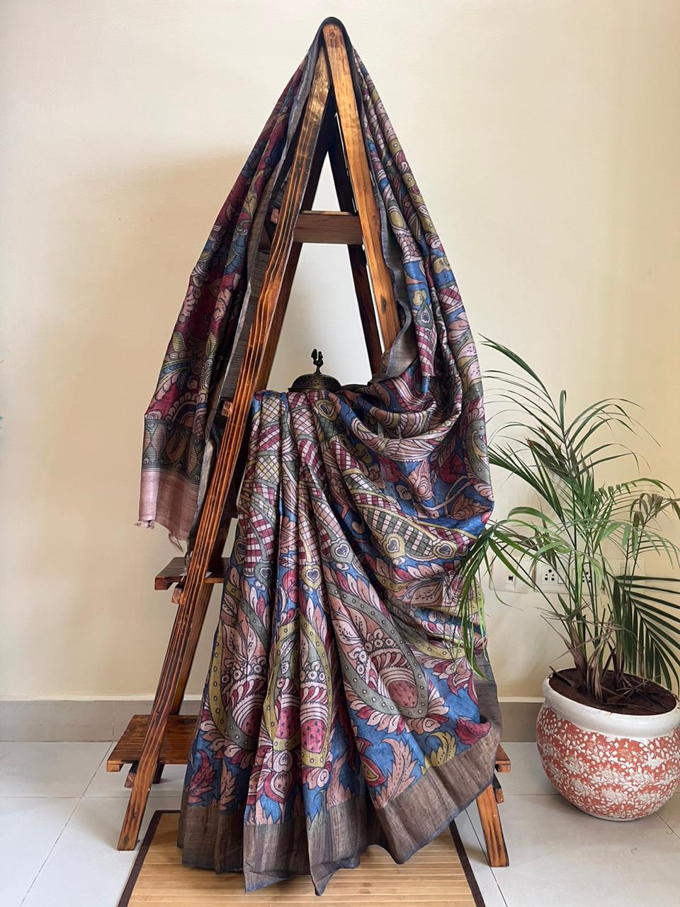 Exquisite Pure Tussar Handwoven saree with Hand Kalamkari Painting