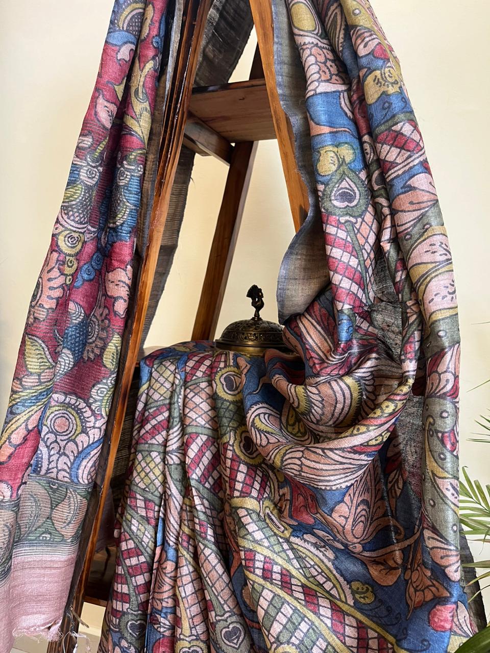 Exquisite Pure Tussar Handwoven saree with Hand Kalamkari Painting