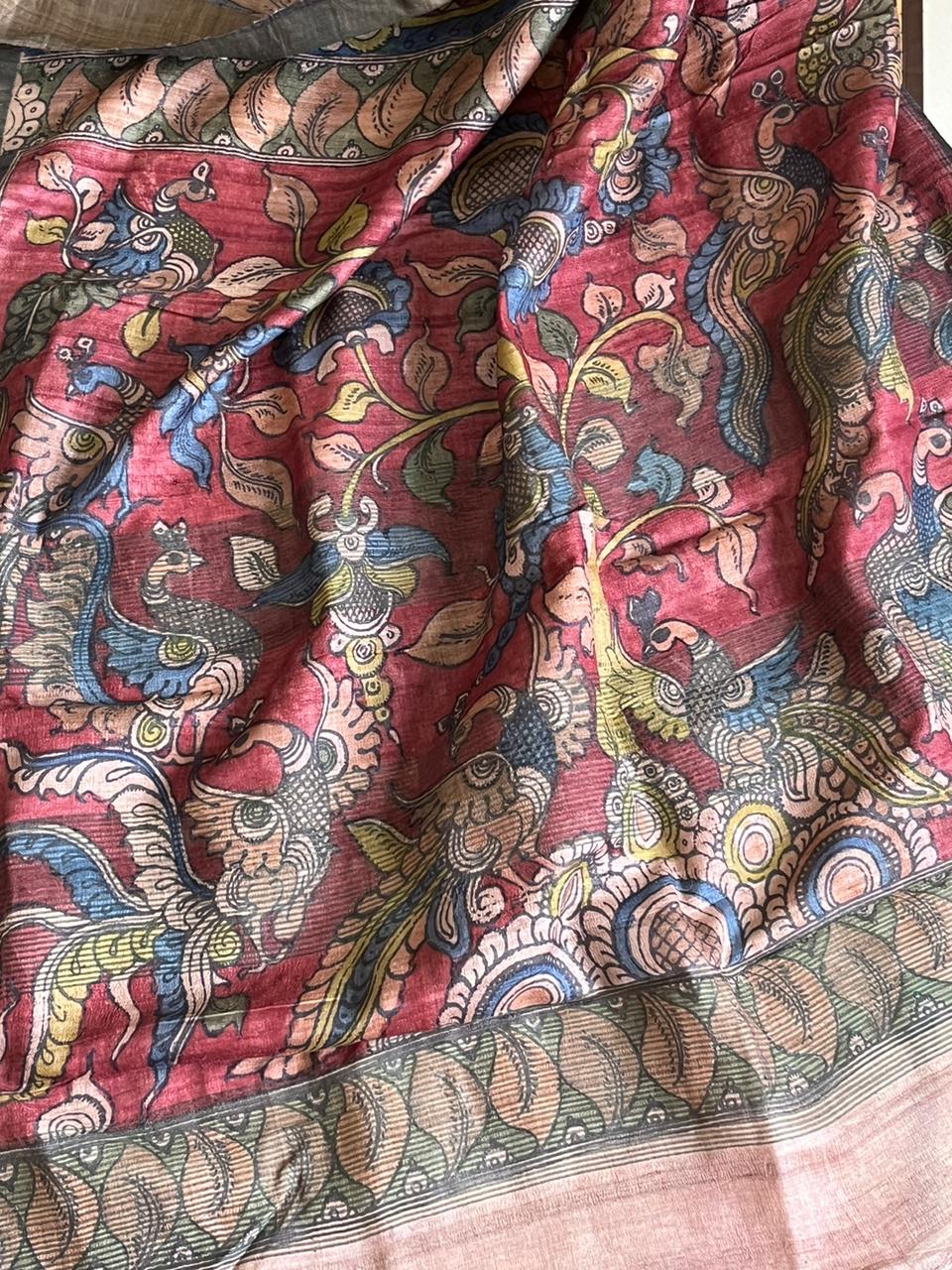 Exquisite Pure Tussar Handwoven saree with Hand Kalamkari Painting