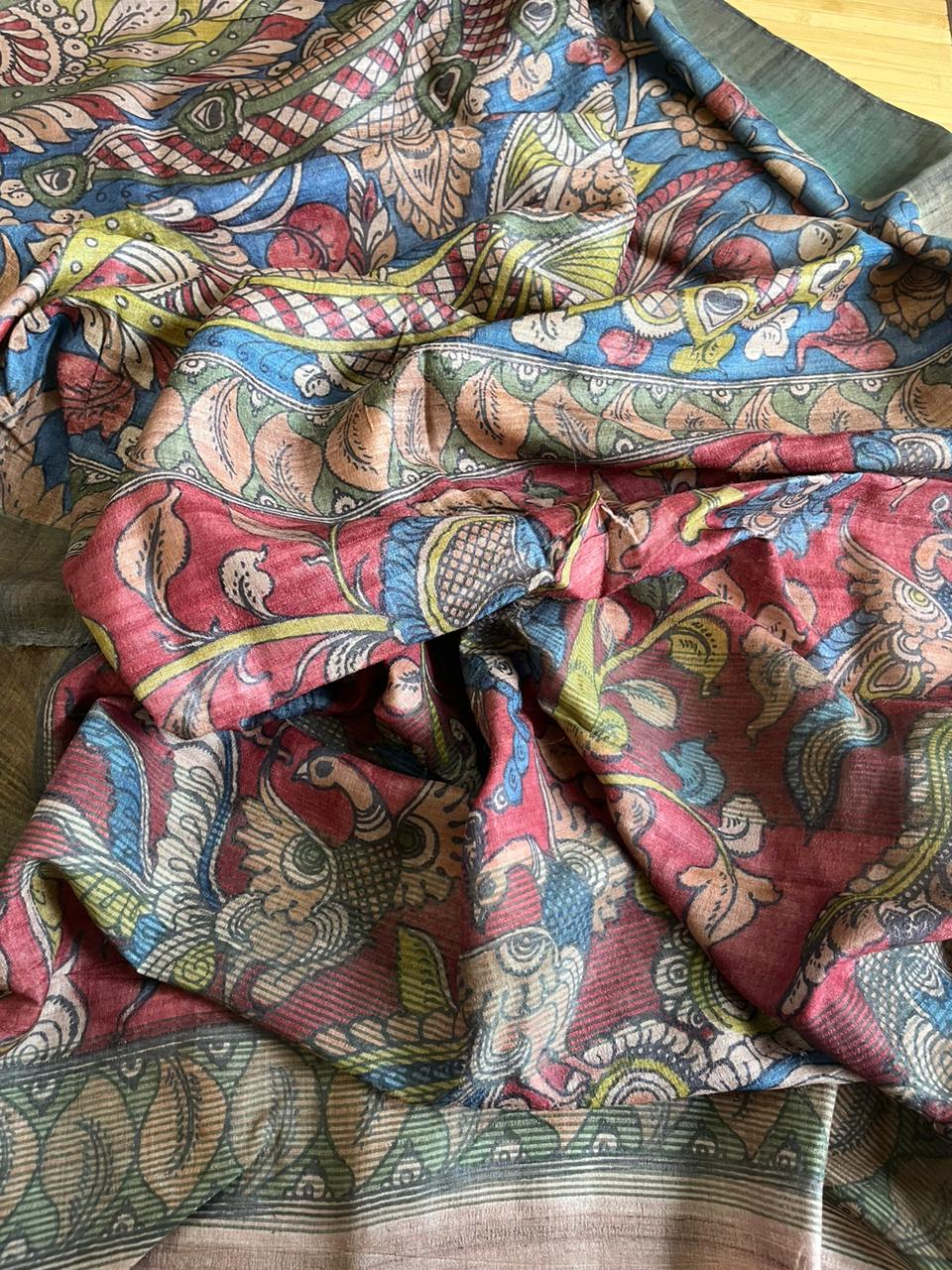 Exquisite Pure Tussar Handwoven saree with Hand Kalamkari Painting