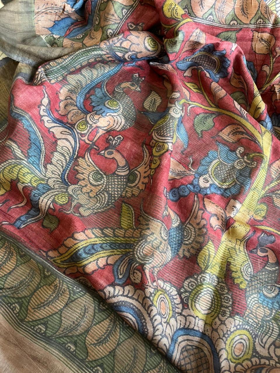 Exquisite Pure Tussar Handwoven saree with Hand Kalamkari Painting