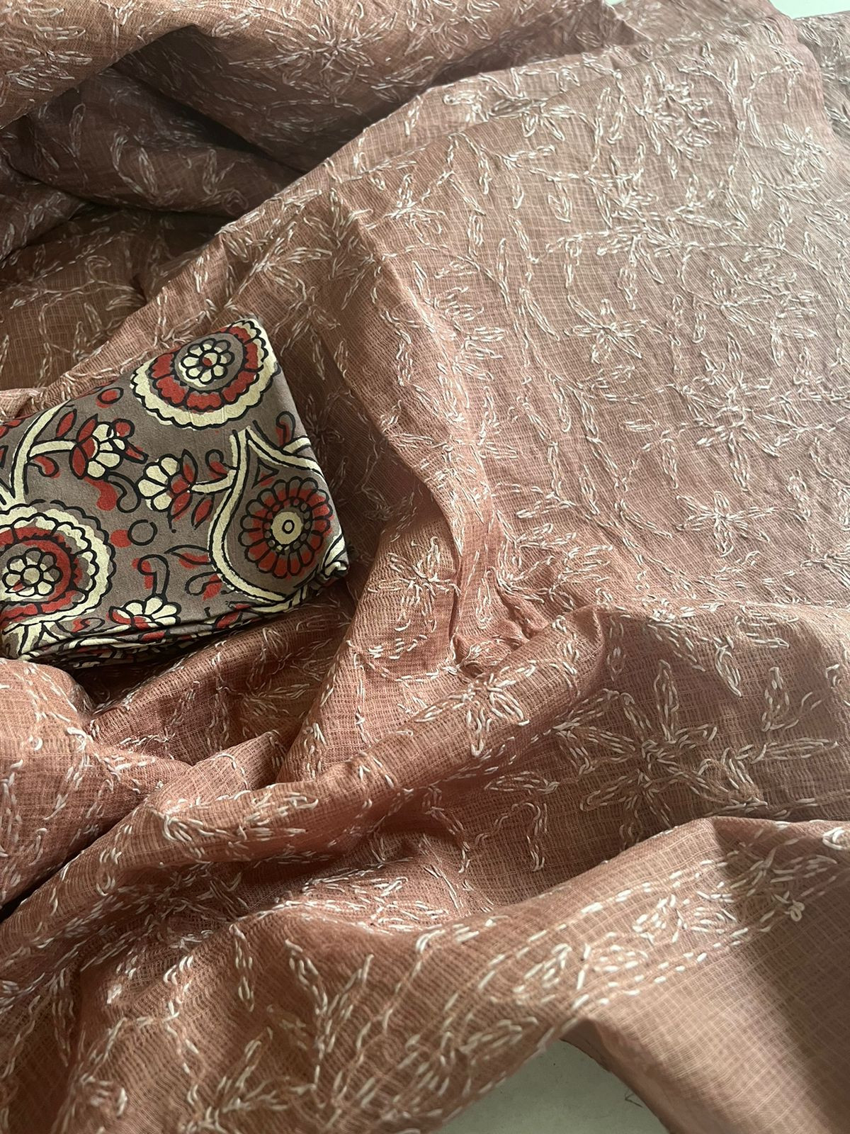 Lucknow Kota Doria Cotton Saree with Hand Tepchi Embroidery and Ajrakh blouse- Brown