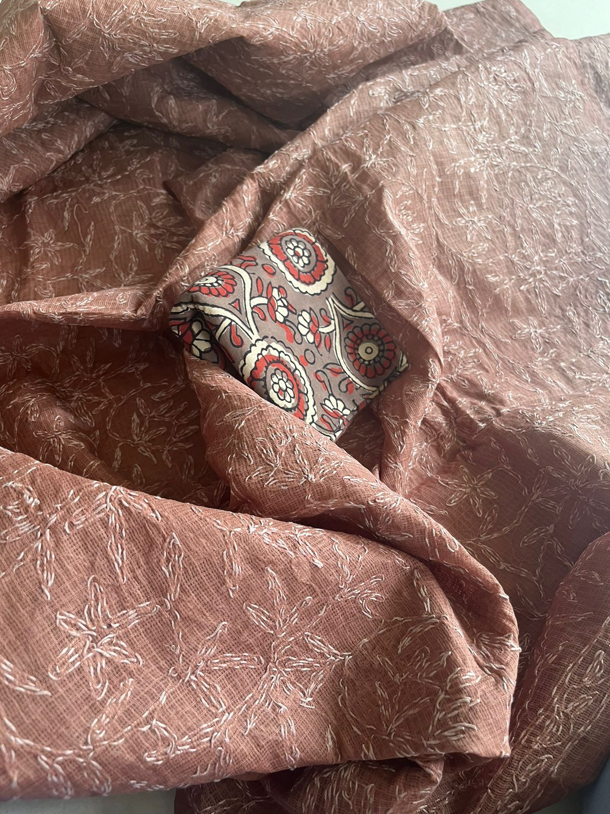 Lucknow Kota Doria Cotton Saree with Hand Tepchi Embroidery and Ajrakh blouse- Brown