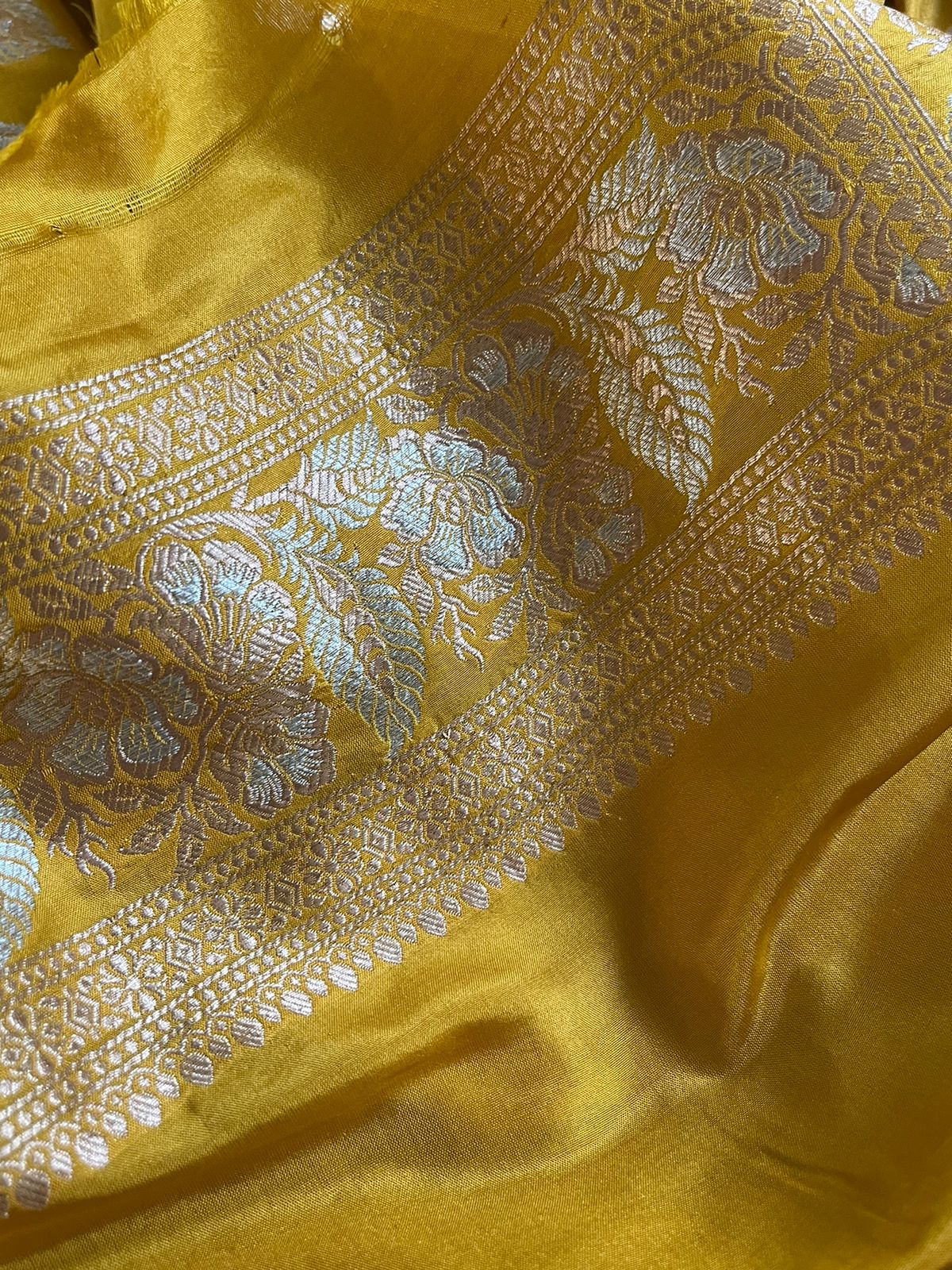 Pure Handloom Banarasi Katan Silk saree - Pure Yellow with Sona Roopa Buttis