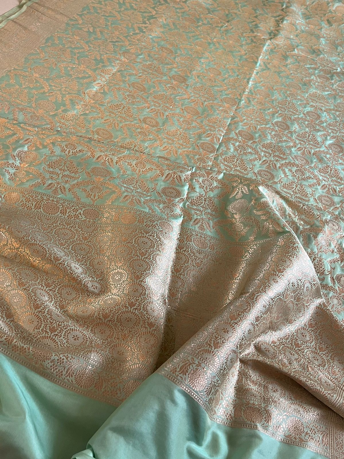 Pure Handloom Banarasi Katan Silk saree with Jangla Weaving - Mint