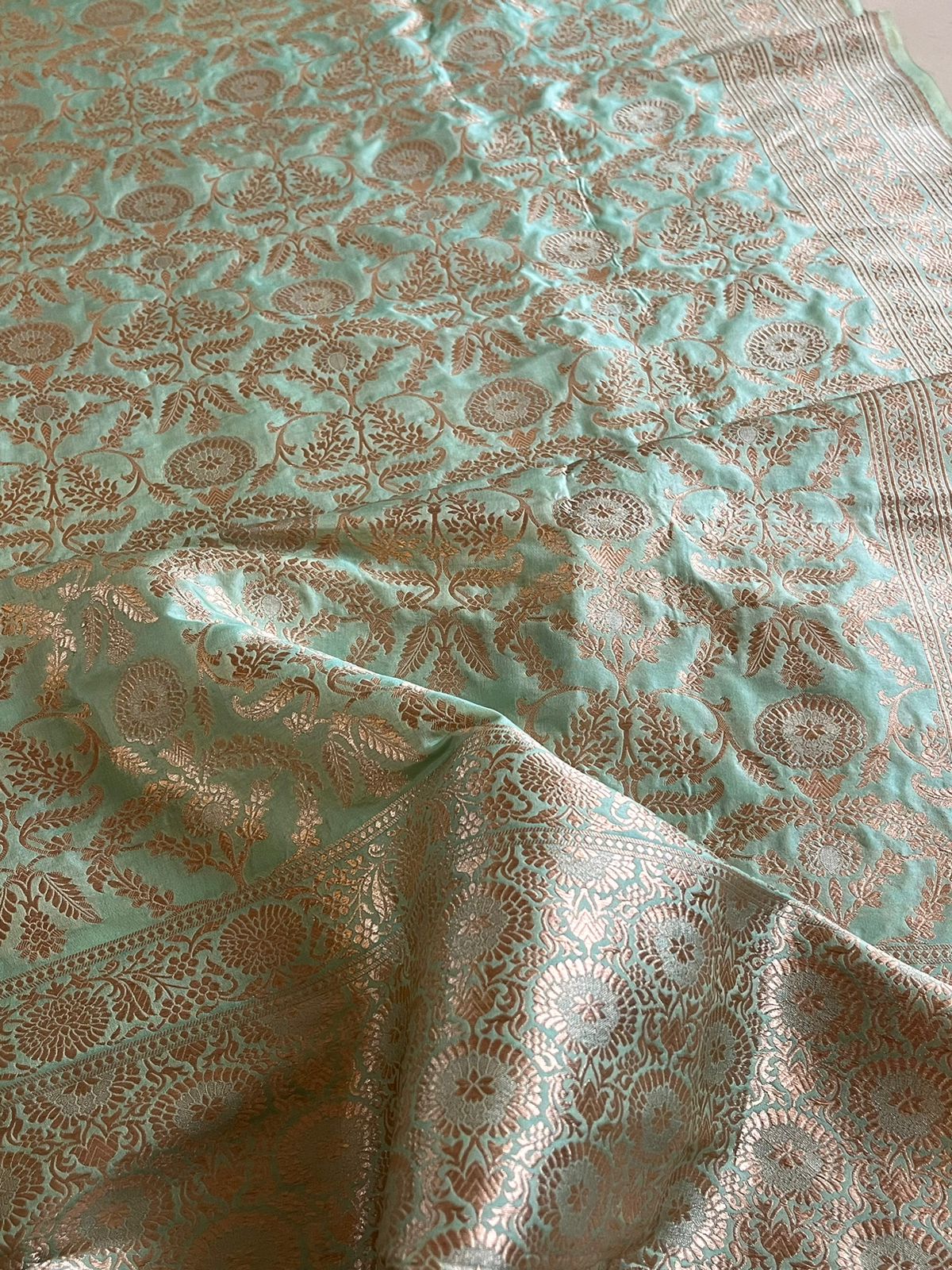 Pure Handloom Banarasi Katan Silk saree with Jangla Weaving - Mint