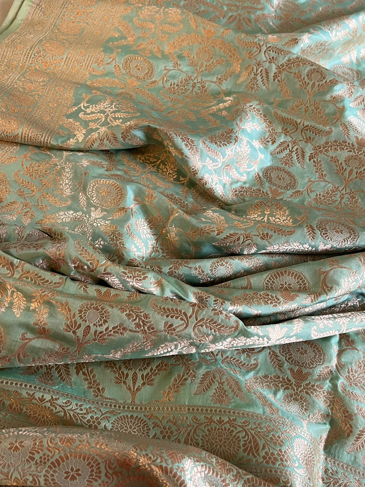 Pure Handloom Banarasi Katan Silk saree with Jangla Weaving - Mint