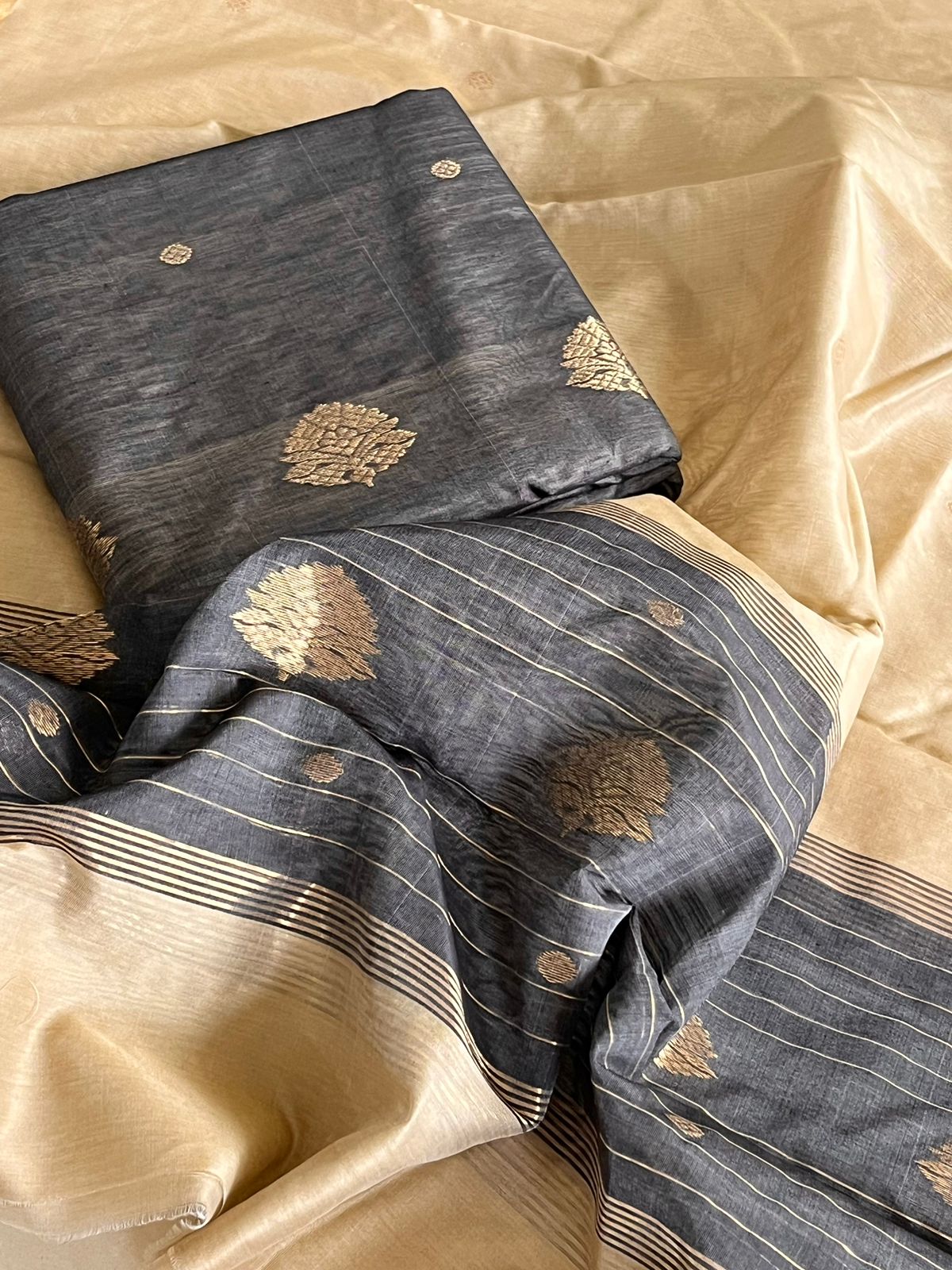 Pure Chanderi Silk zari Handwoven 3 piece Suits - Grey and Beige