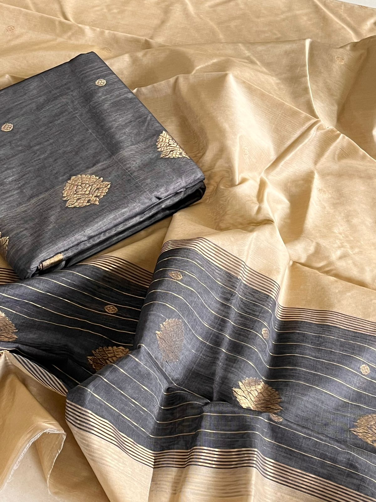 Pure Chanderi Silk zari Handwoven 3 piece Suits - Grey and Beige